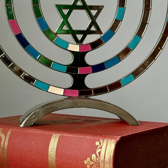 Silver-Tone Enamel Menorah with Multicolor Inlays - Picture 5 of 15